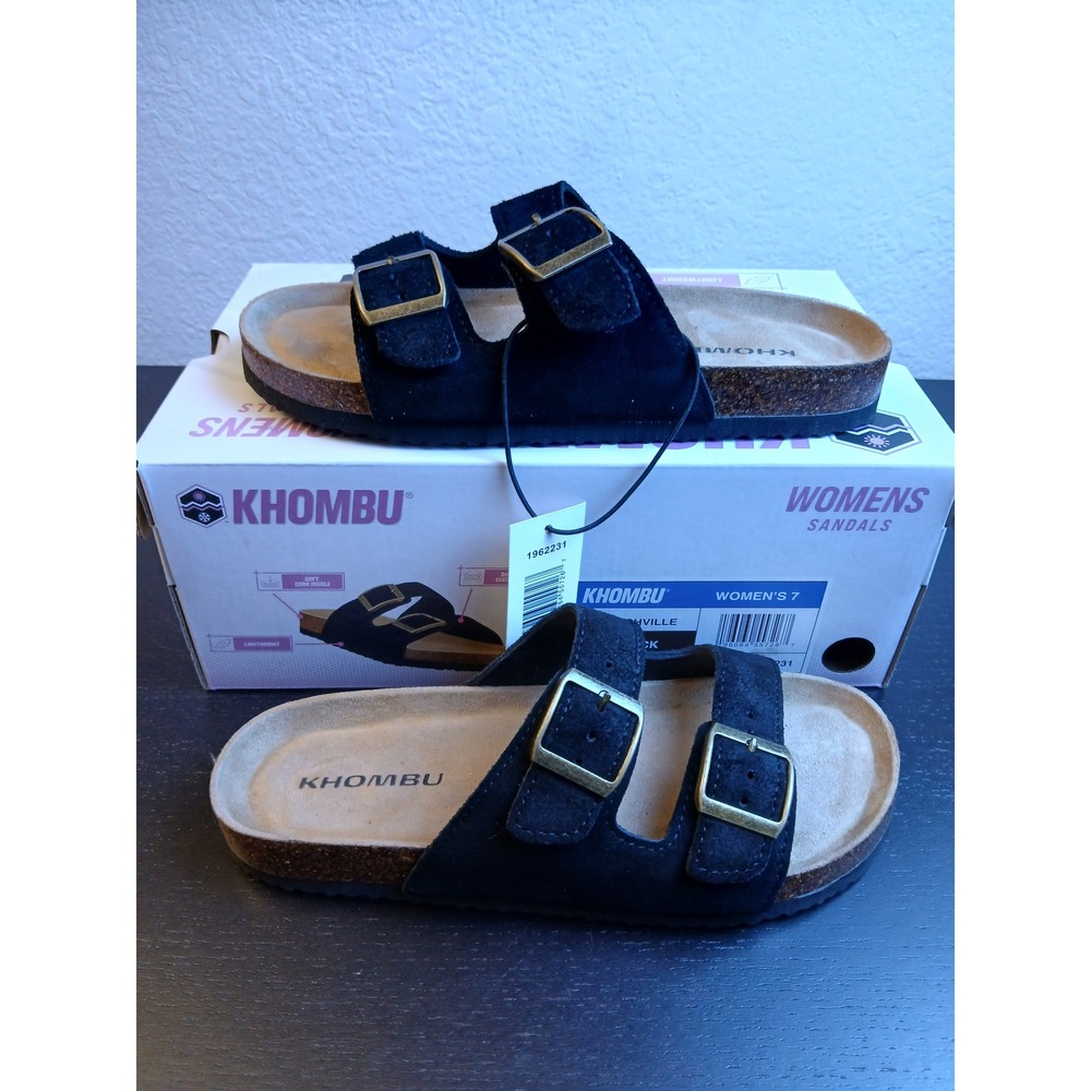 Khombu Ashville Womens Black Suede Double Buckle Cork Slide Sandals 7 NEW